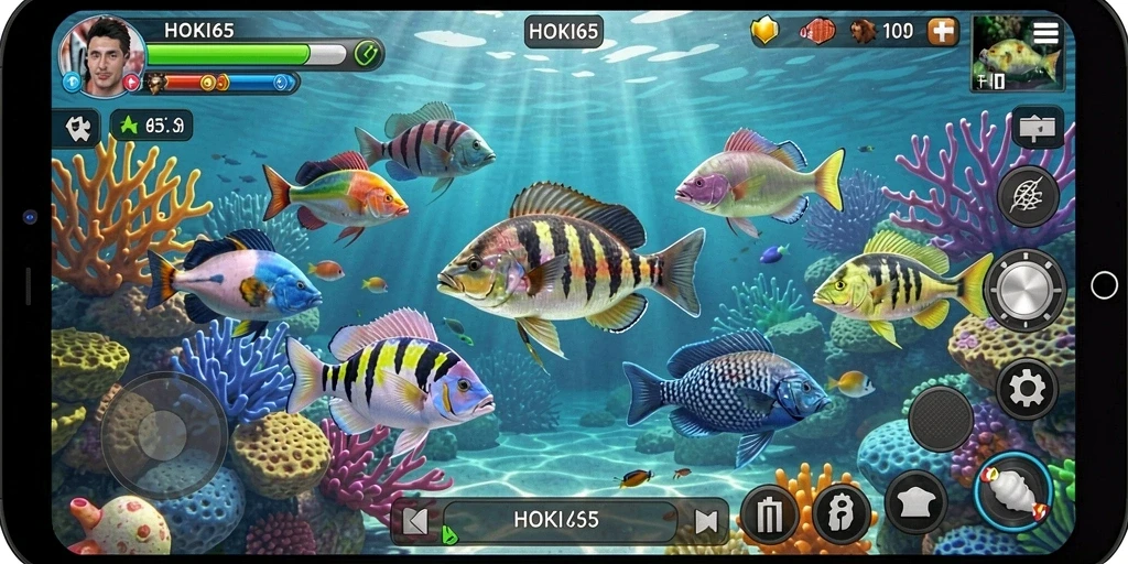 Tampilan gameplay HOKI65 yang menarik dengan ikan berwarna-warni.