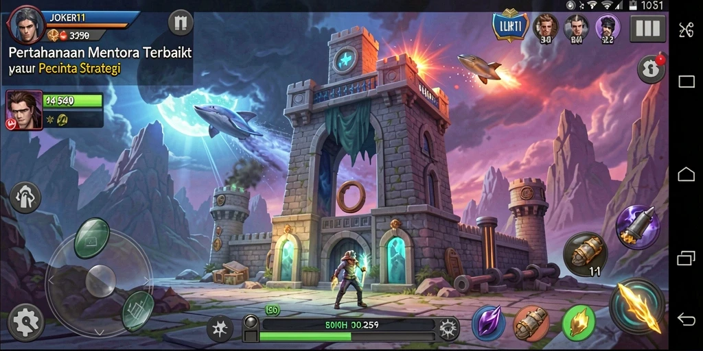 Tampilan gameplay JOKER11 dengan menara dan musuh dalam aksi.