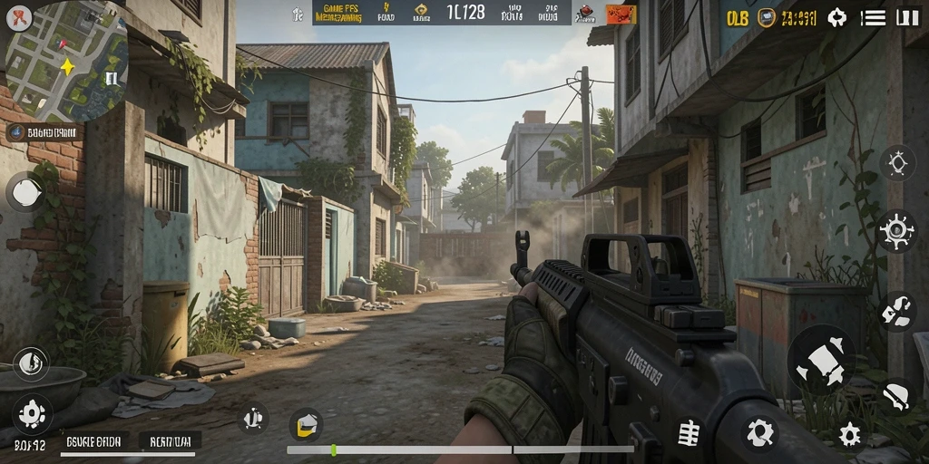 Screenshot gameplay OLX128 menampilkan aksi tembak-menembak yang intens.