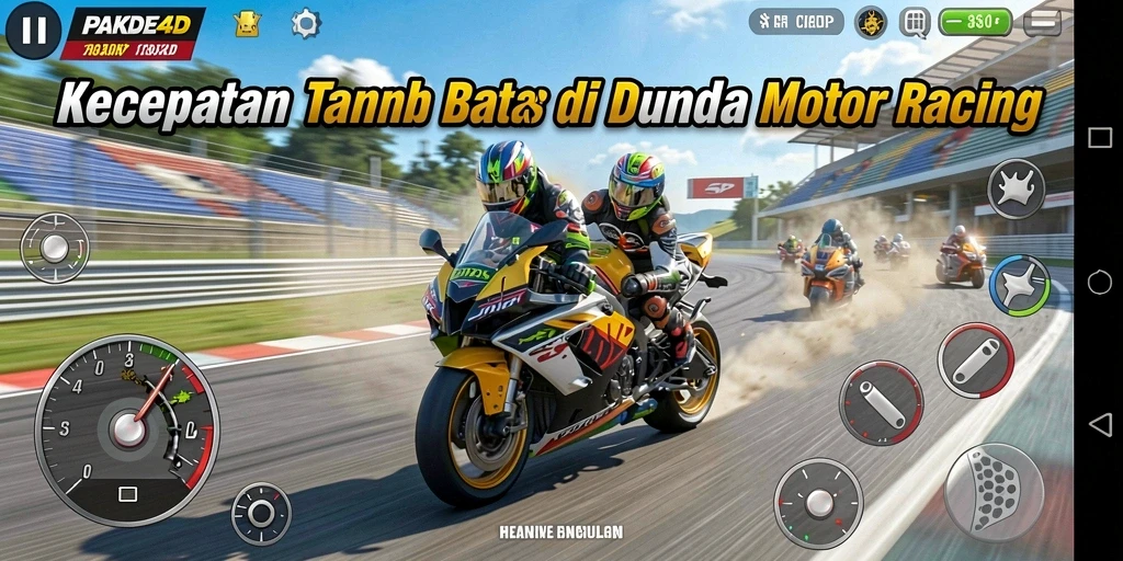 Screenshot utama PAKDE4D menampilkan aksi balapan motor yang intens.