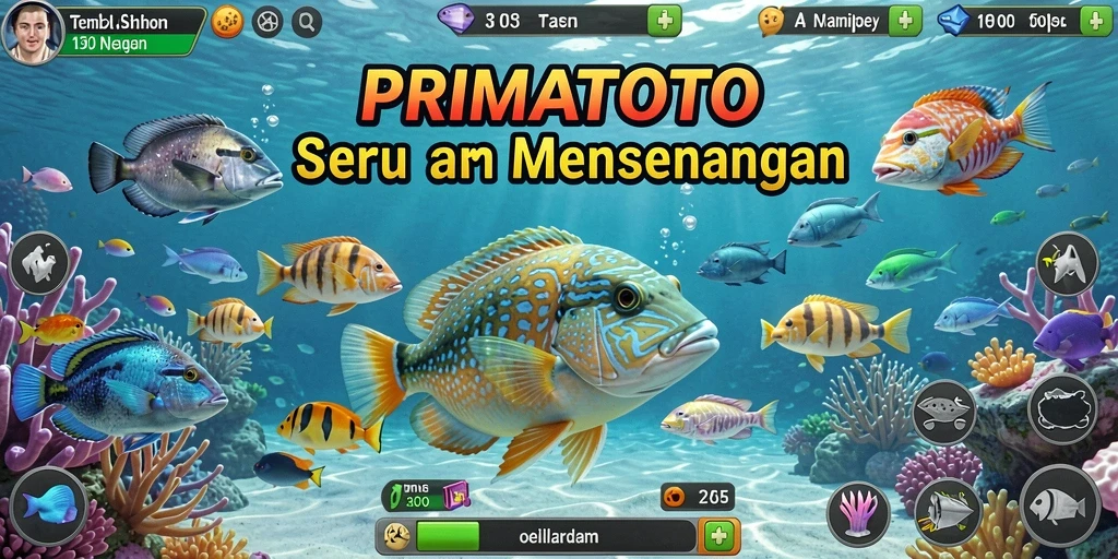 Screenshot gameplay PRIMATOTO dengan aksi menembak ikan yang seru.