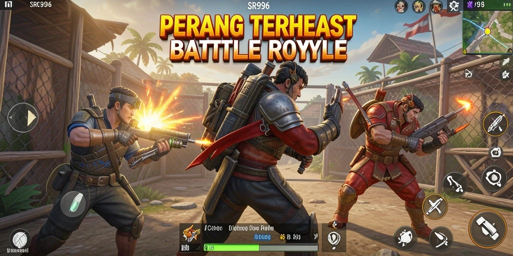 Screenshot gameplay SR996 dengan aksi Battle Royale yang intens.